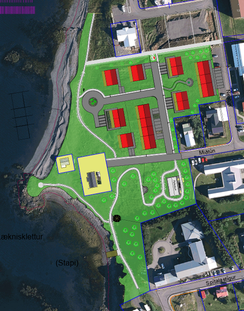 Hugmynd að skipulagi lífsgæðakjarnans og útivistarsvæðis sunnan við kjarnann unnar af Boga Magnusen …