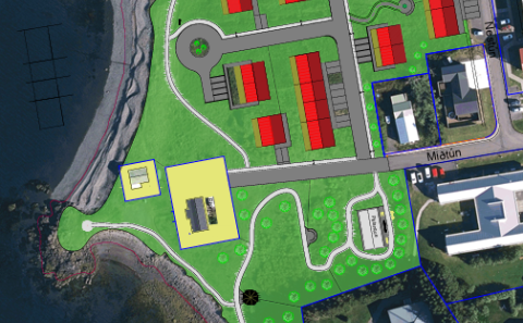 Hugmynd að skipulagi lífsgæðakjarnans og útivistarsvæðis sunnan við kjarnann unnar af Boga Magnusen …